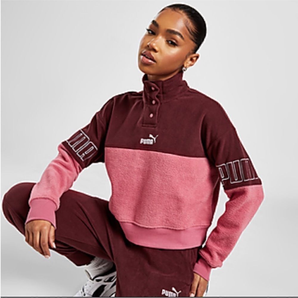 Puma Power Winterized Crew Dusty Orchid Pink Fleece XL - Oversized Cropped Fit